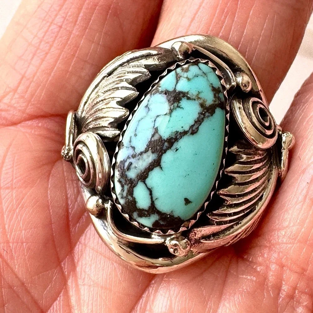 Navajo Turquoise Mens Ring Sz 12 Leaf Feather Signed Morgan Sterling Native Amer